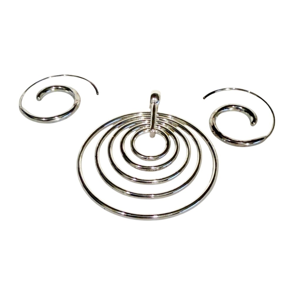 VTG Modernist Spiral Jewelry Set Silver Tone Pendant Earrings Geometric Wire Art